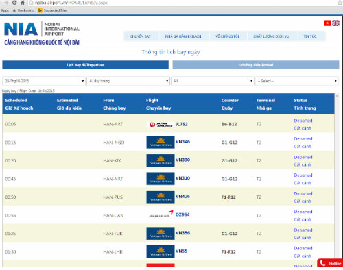 Website của Cảng HKQT Nội Bài cung cấp đầy đủ thông tin hướng dẫn cho hành khách