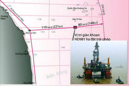 Sơ đồ vị trí giàn khoan Hải Dương 981 của Trung Quốc hạ đặt trái phép nằm hoàn toàn trong vùng đặc quyền kinh tế, thềm lục địa của Việt Nam